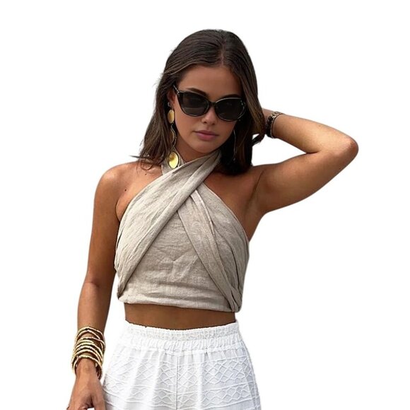 Commense Tops - NWT Commense Beige Linen Blend Halter Wrap Crop Top Womens Size Medium